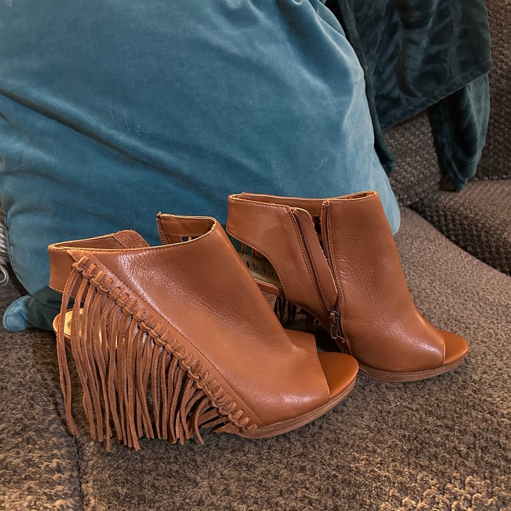 Reba Tan Leather Fringe Ankle Booties - Picture 2 of 7